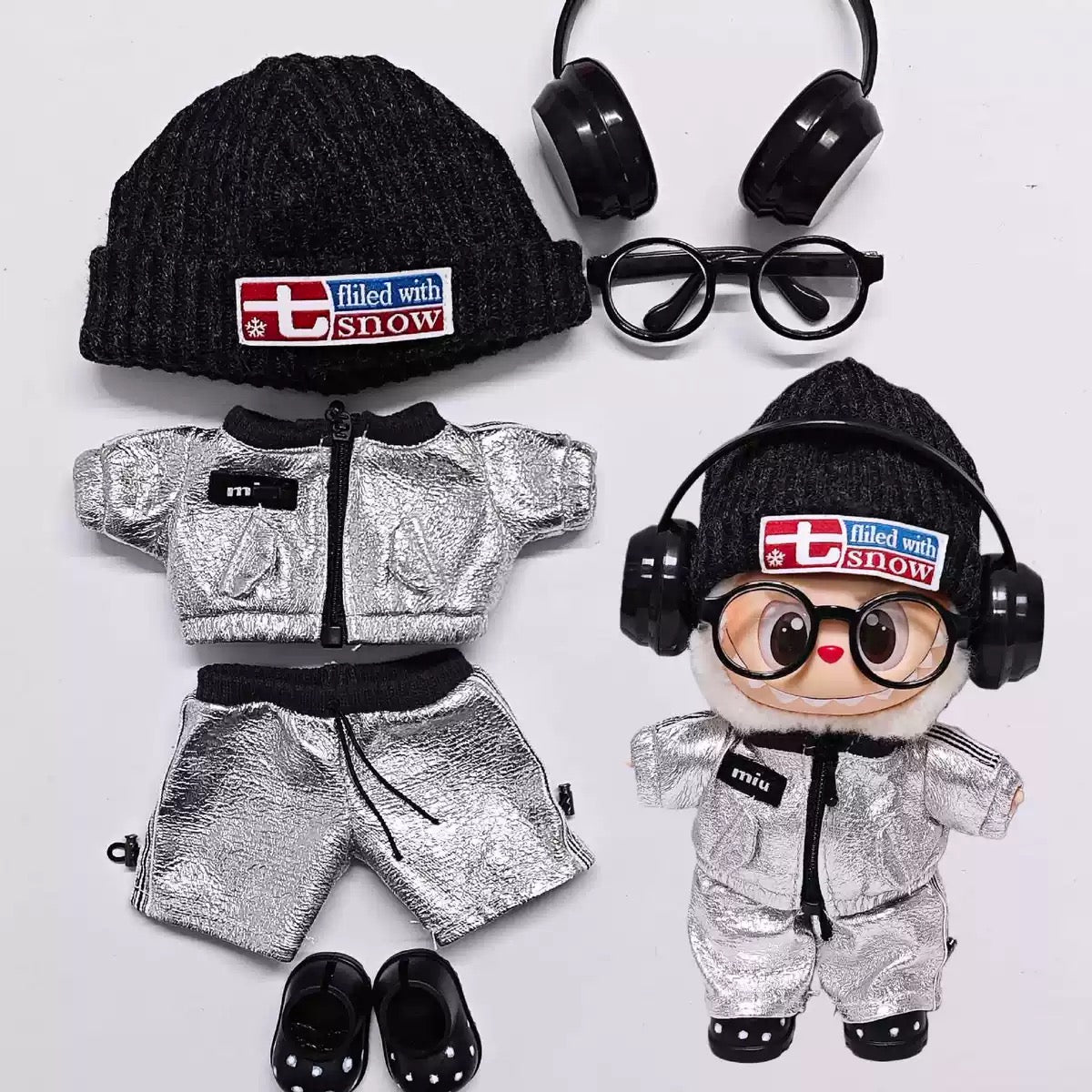 17cm Labubu Clothes- Silver Chill premium Full Set (clothes Only, Doll Not Included)