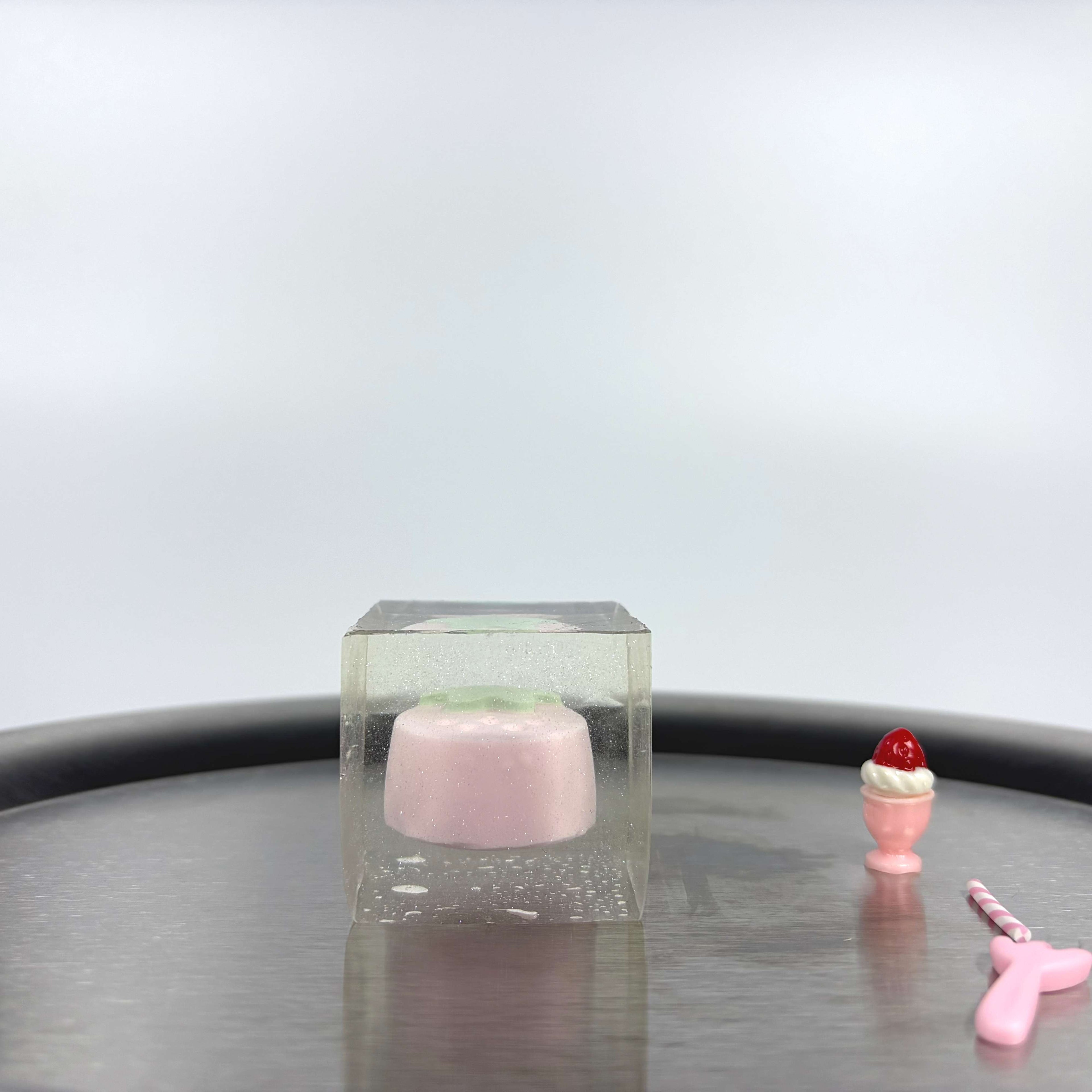 Top view of Lalachill’s Strawberry Ice Cube Squishy, showcasing its vibrant strawberry details and smooth texture