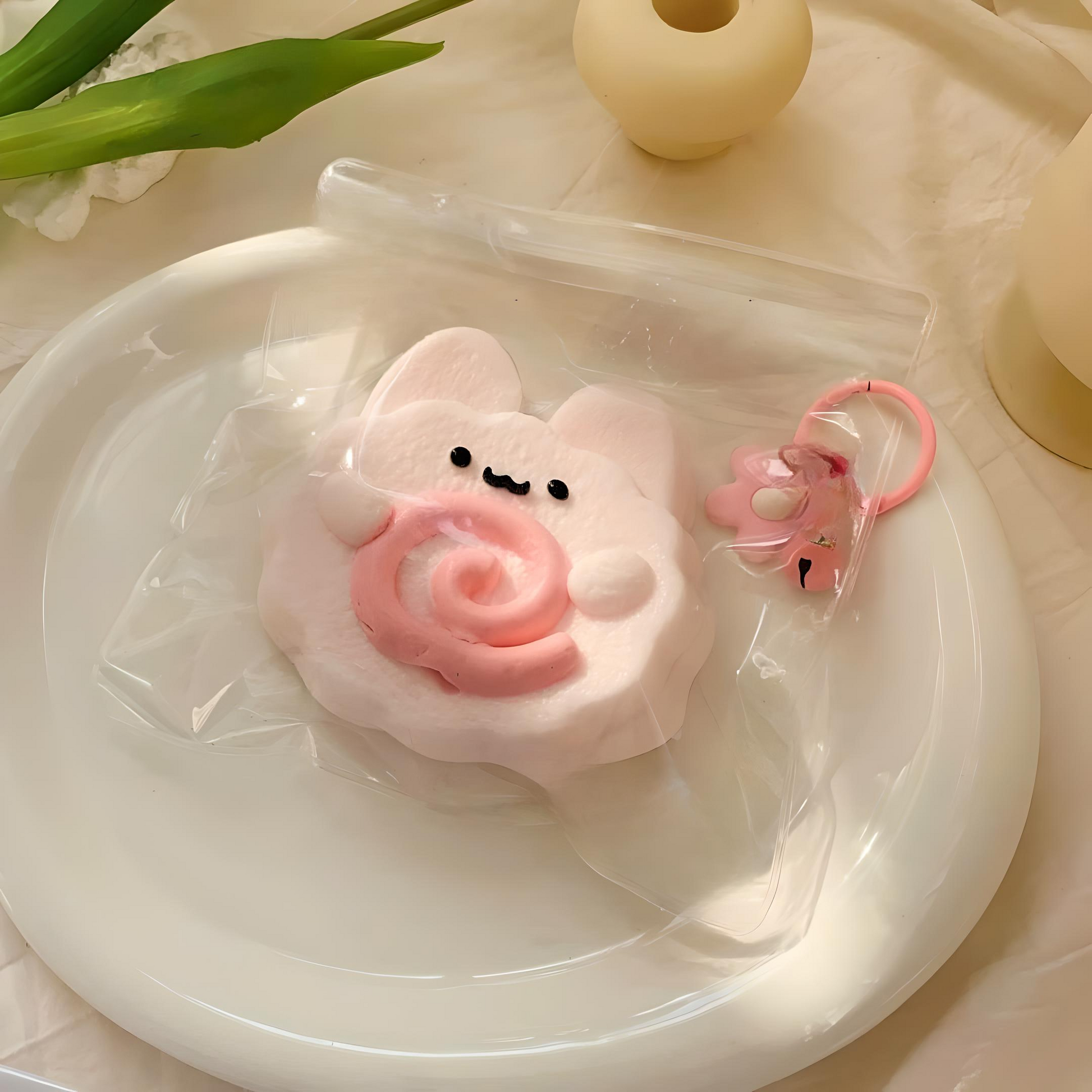 Bunny Fish Cake Taba Squishy in peach shape, placed in a clear bag and displayed on a white plate