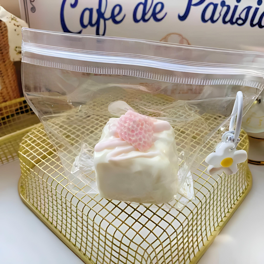 Cream Berry Cube Taba Squishy in a transparent packaging, showcasing its soft white design and strawberry topping