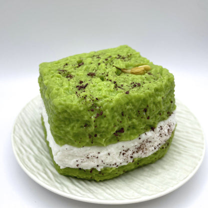 Close-up of the Triple Matcha squishy, highlighting the soft texture and intricate details of the layered matcha toast design