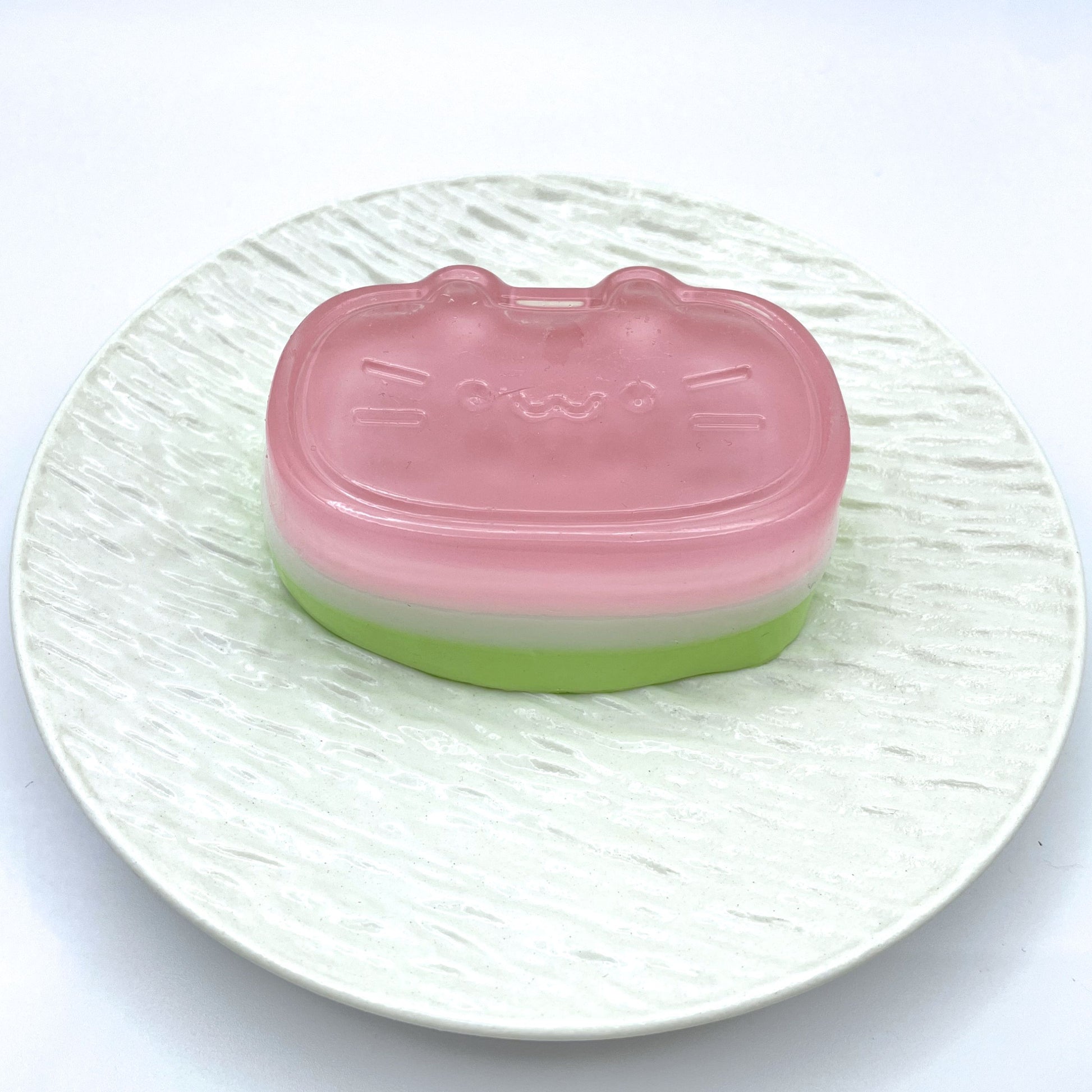 Close-up view of Lalachill Watermelon Cat Squishy, highlighting its detailed design and soft texture.