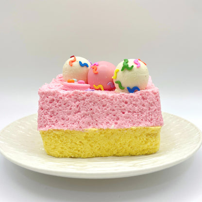 "Front view of the Not a Cake taba squishy by Lalachill, showcasing its realistic cake design and soft texture."