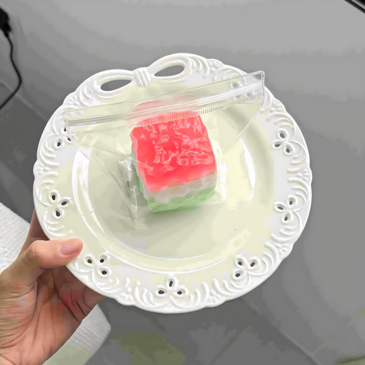 Watermelon Cube Taba Squishy in a transparent bag, displayed on a white plate